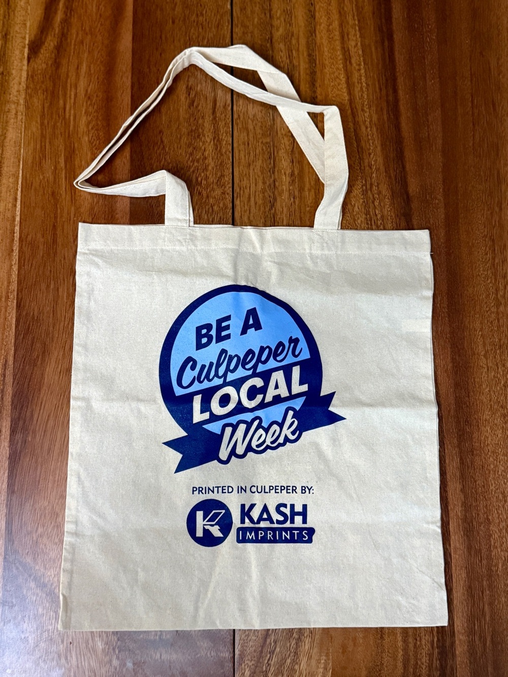 "Be a Culpeper Local Week" Cream Reusable Tote Bag - Blue Print